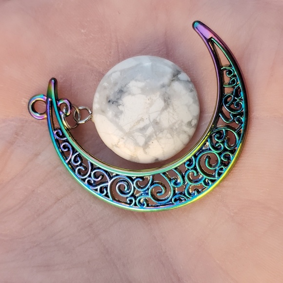 New Carved Rainbow Titanium Hanging Cresent Moon Round Howlite Pendant. - Picture 2 of 4